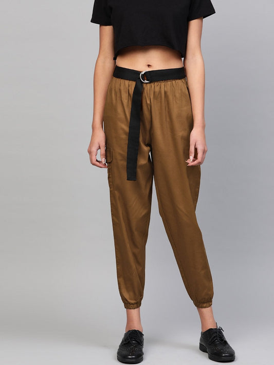 Women's Brown Jogger Belted Pants