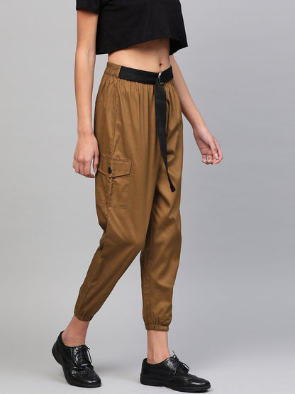 Women's Brown Jogger Belted Pants