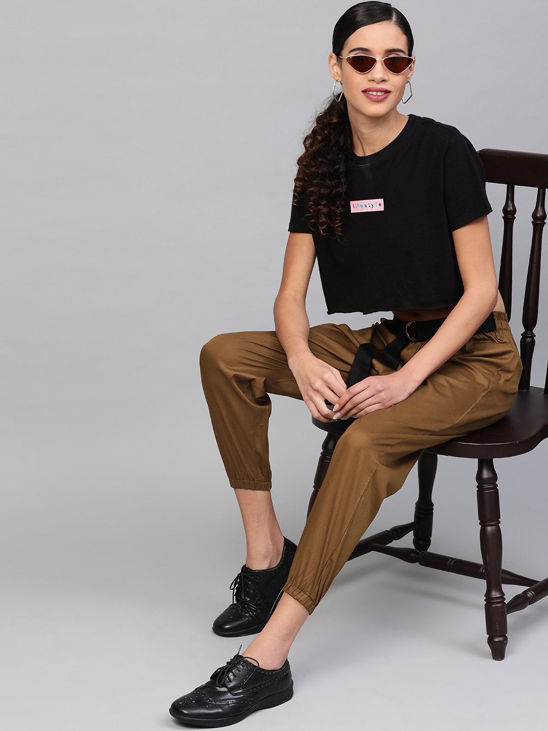 Women's Brown Jogger Belted Pants