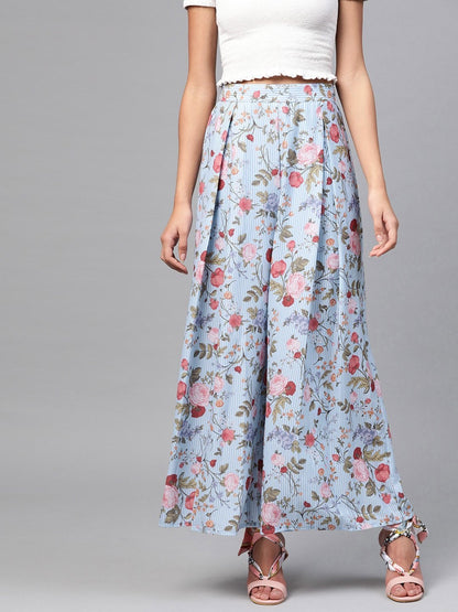 Women's Blue Striped Floral Flared Palazzos