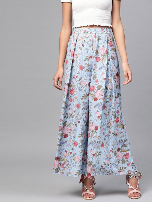 Women's Blue Striped Floral Flared Palazzos