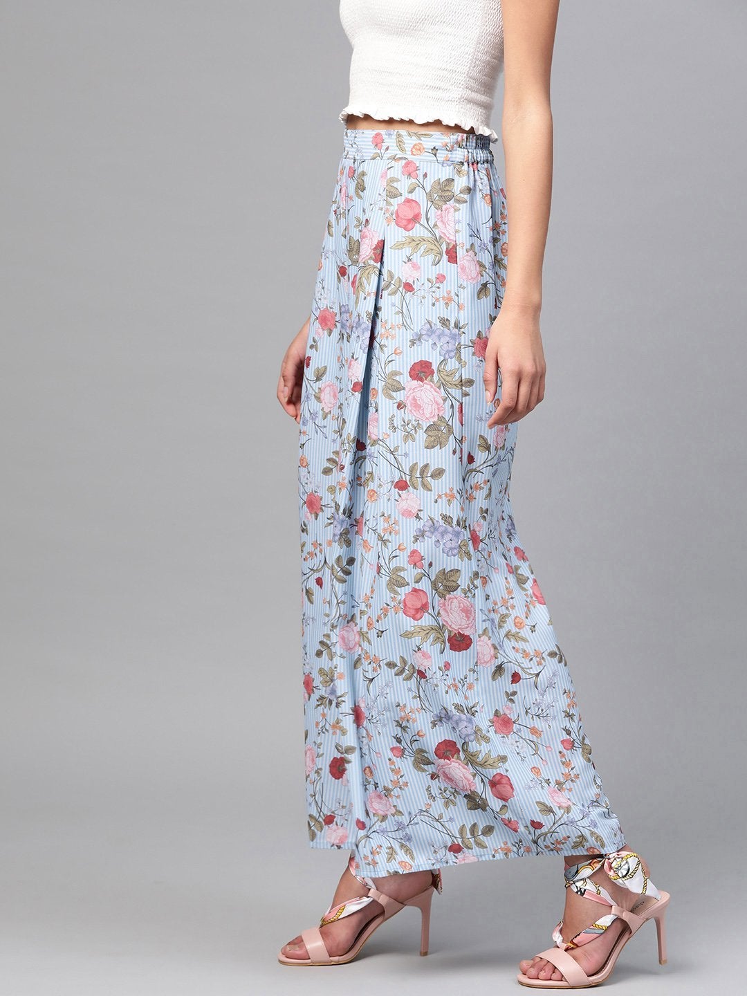 Women's Blue Striped Floral Flared Palazzos