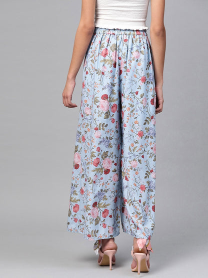 Women's Blue Striped Floral Flared Palazzos
