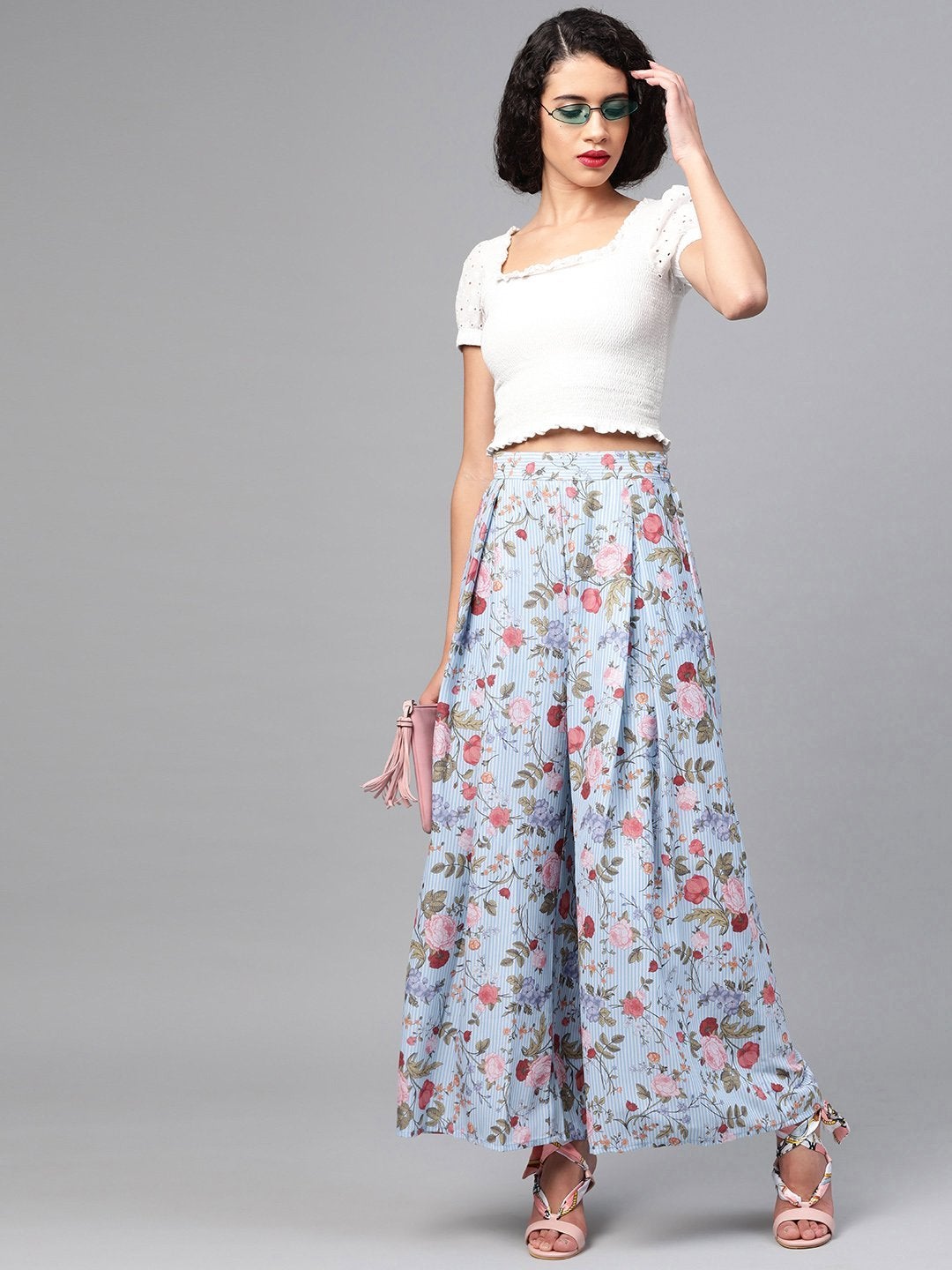 Women's Blue Striped Floral Flared Palazzos