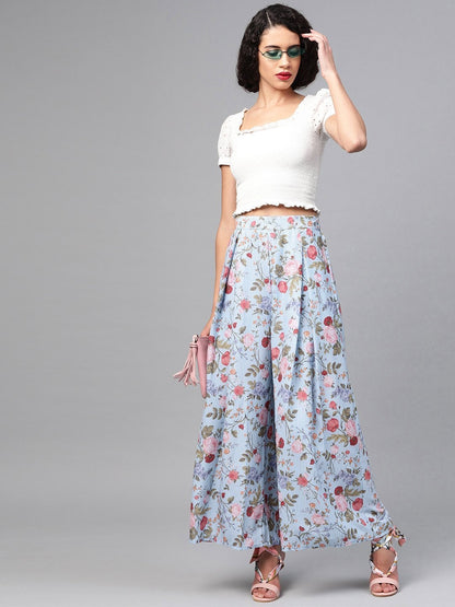 Women's Blue Striped Floral Flared Palazzos