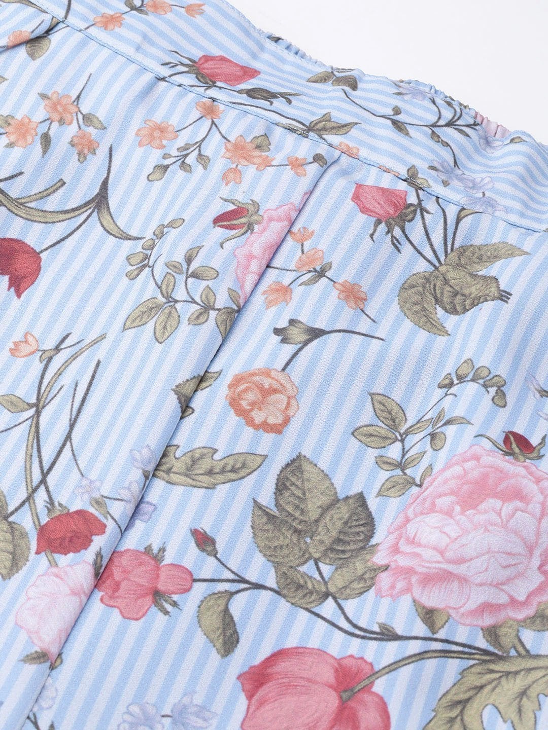 Women's Blue Striped Floral Flared Palazzos