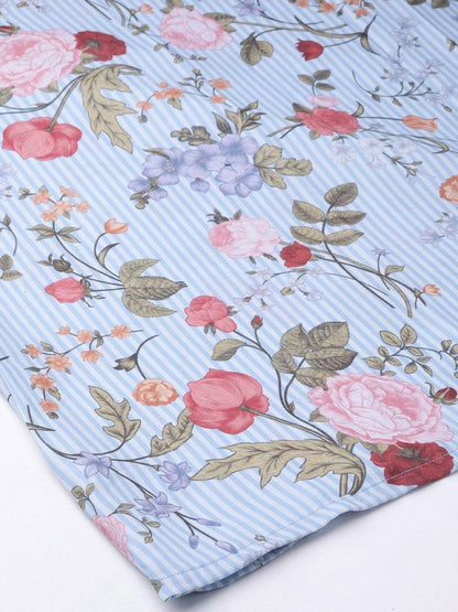 Women's Blue Striped Floral Flared Palazzos