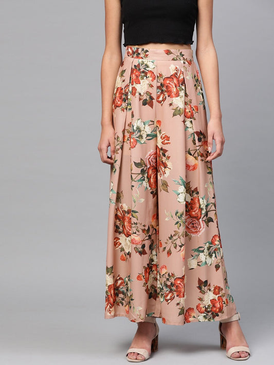 Women's Peach Floral Flared Palazzos
