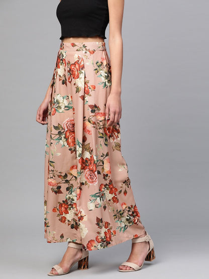 Women's Peach Floral Flared Palazzos
