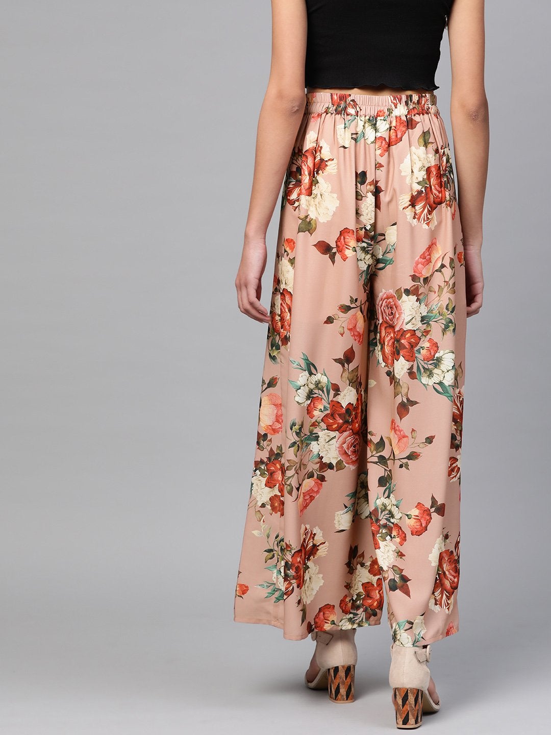 Women's Peach Floral Flared Palazzos