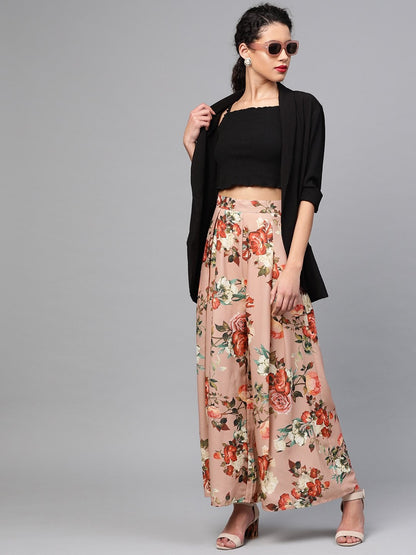 Women's Peach Floral Flared Palazzos