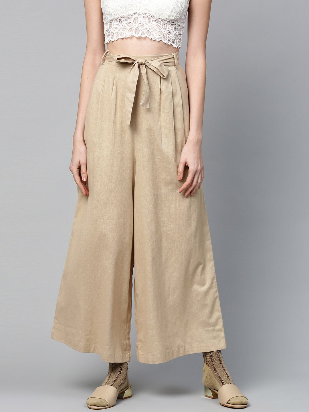 Women's Beige Pleated Palazzo