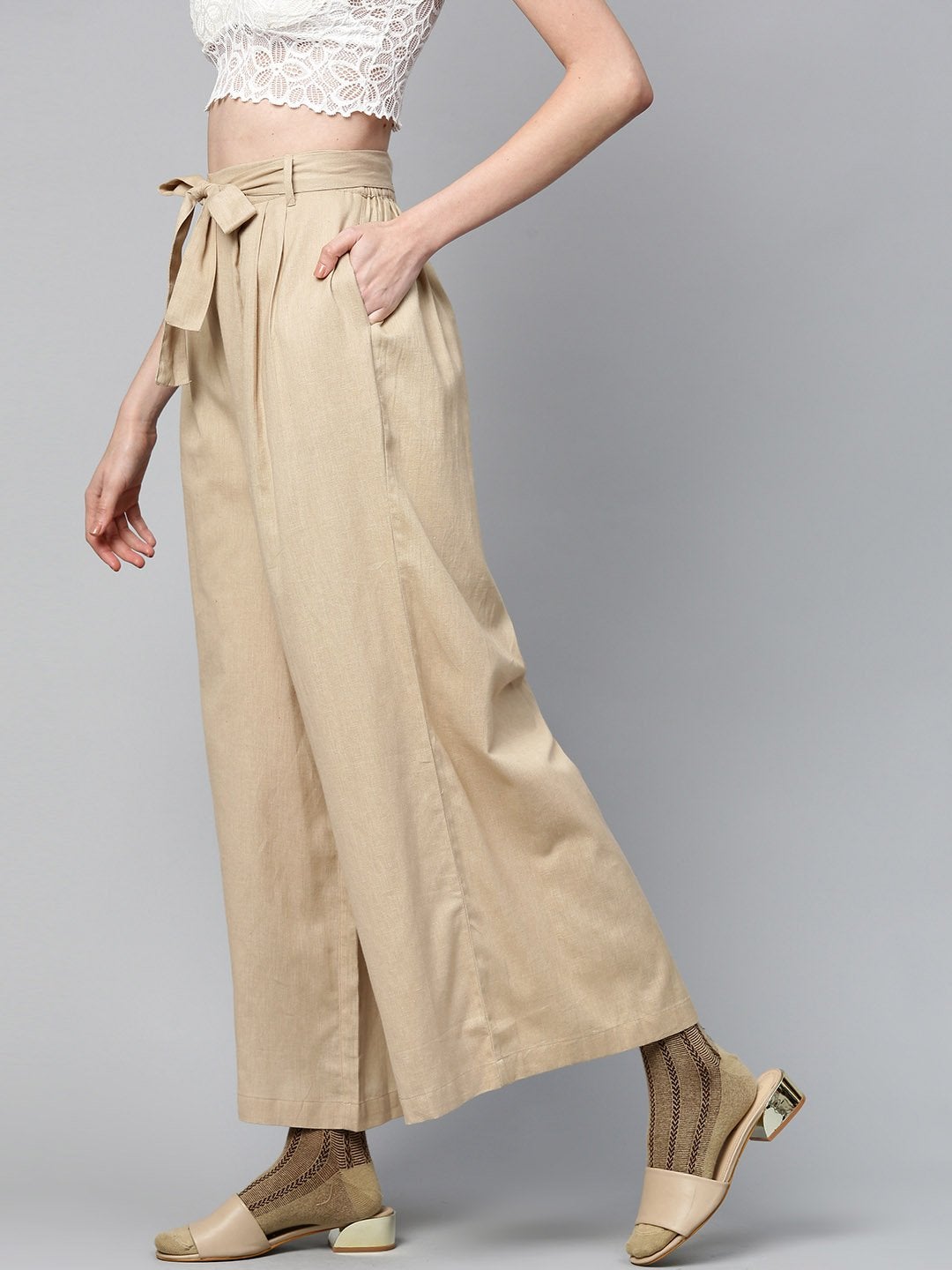Women's Beige Pleated Palazzo