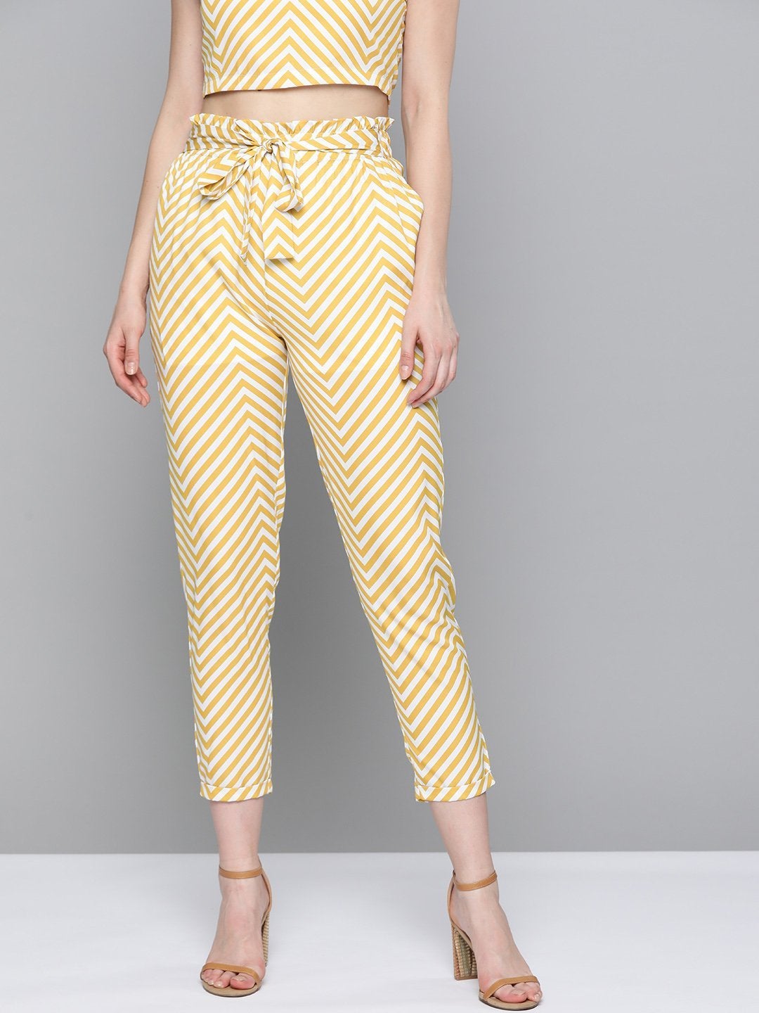 Women's Mustard Chevron Tapered Belted Pant