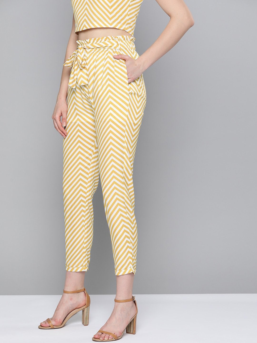 Women's Mustard Chevron Tapered Belted Pant