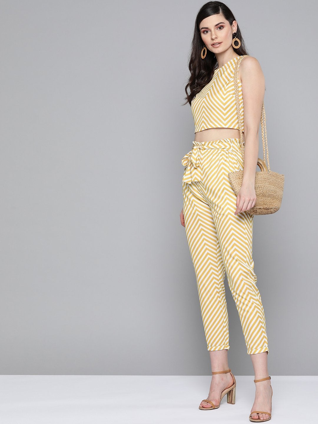 Women's Mustard Chevron Tapered Belted Pant