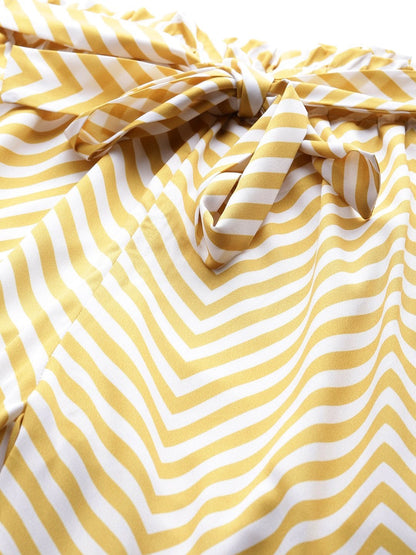 Women's Mustard Chevron Tapered Belted Pant