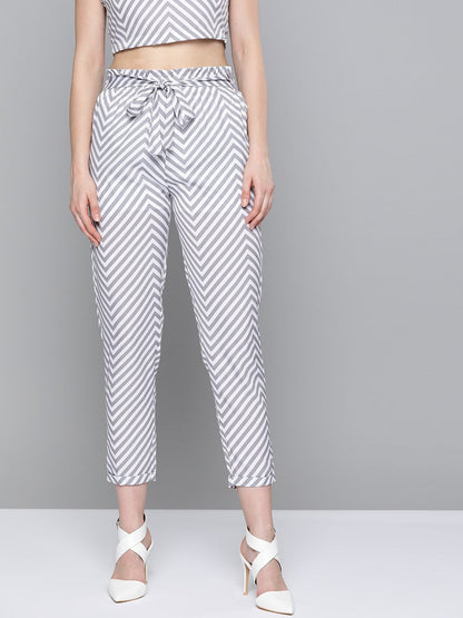 Women's Grey Chevron Tapered Belted Pant