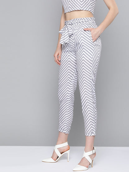 Women's Grey Chevron Tapered Belted Pant