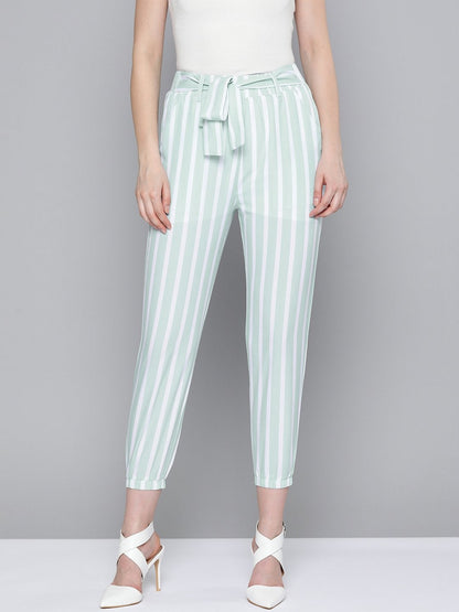 Women's Sea Green Stripe Belted Jogger