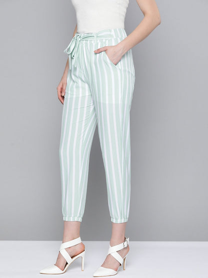 Women's Sea Green Stripe Belted Jogger
