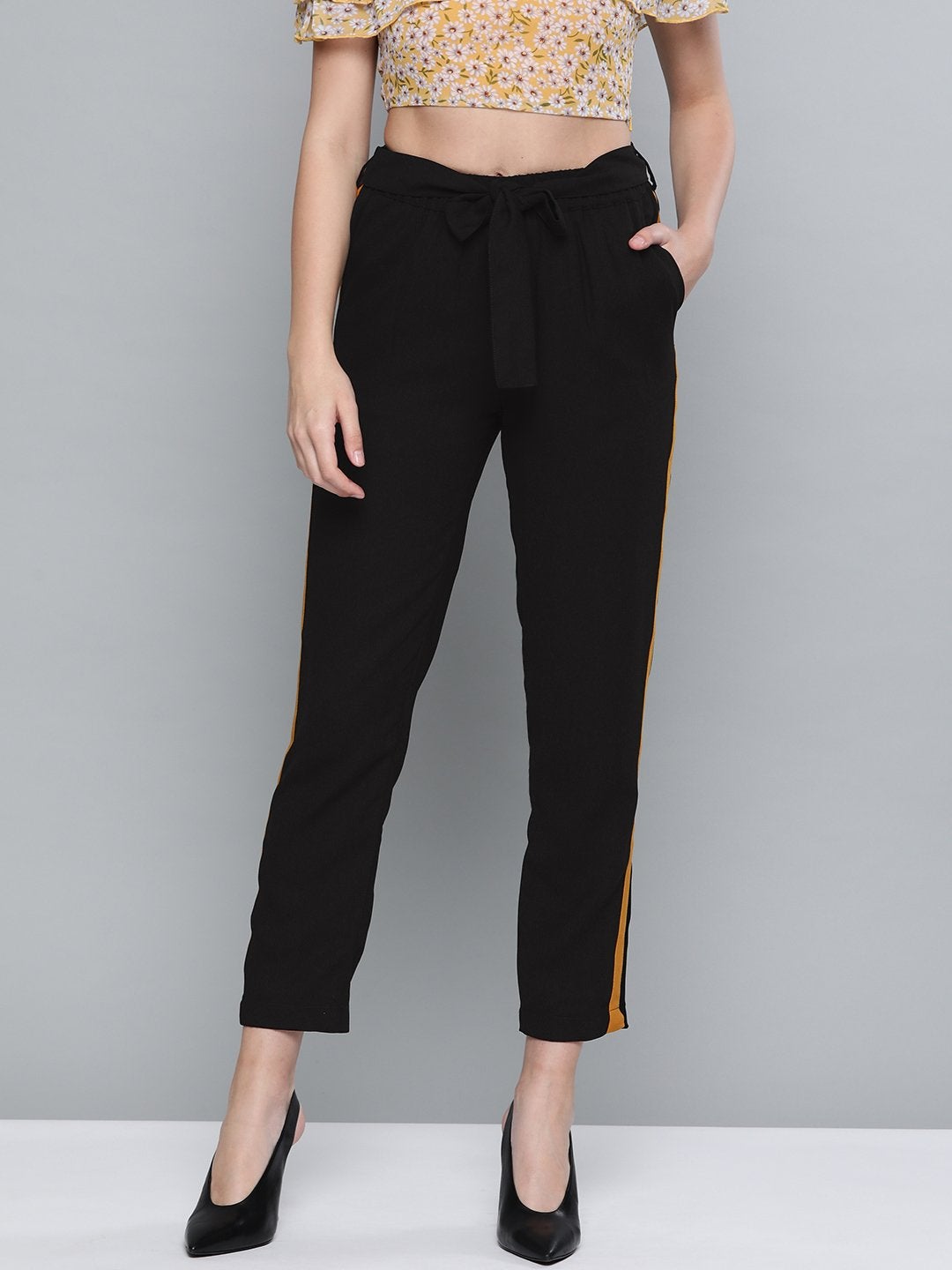 Women's Black Side Tape Detail Tapered Pants