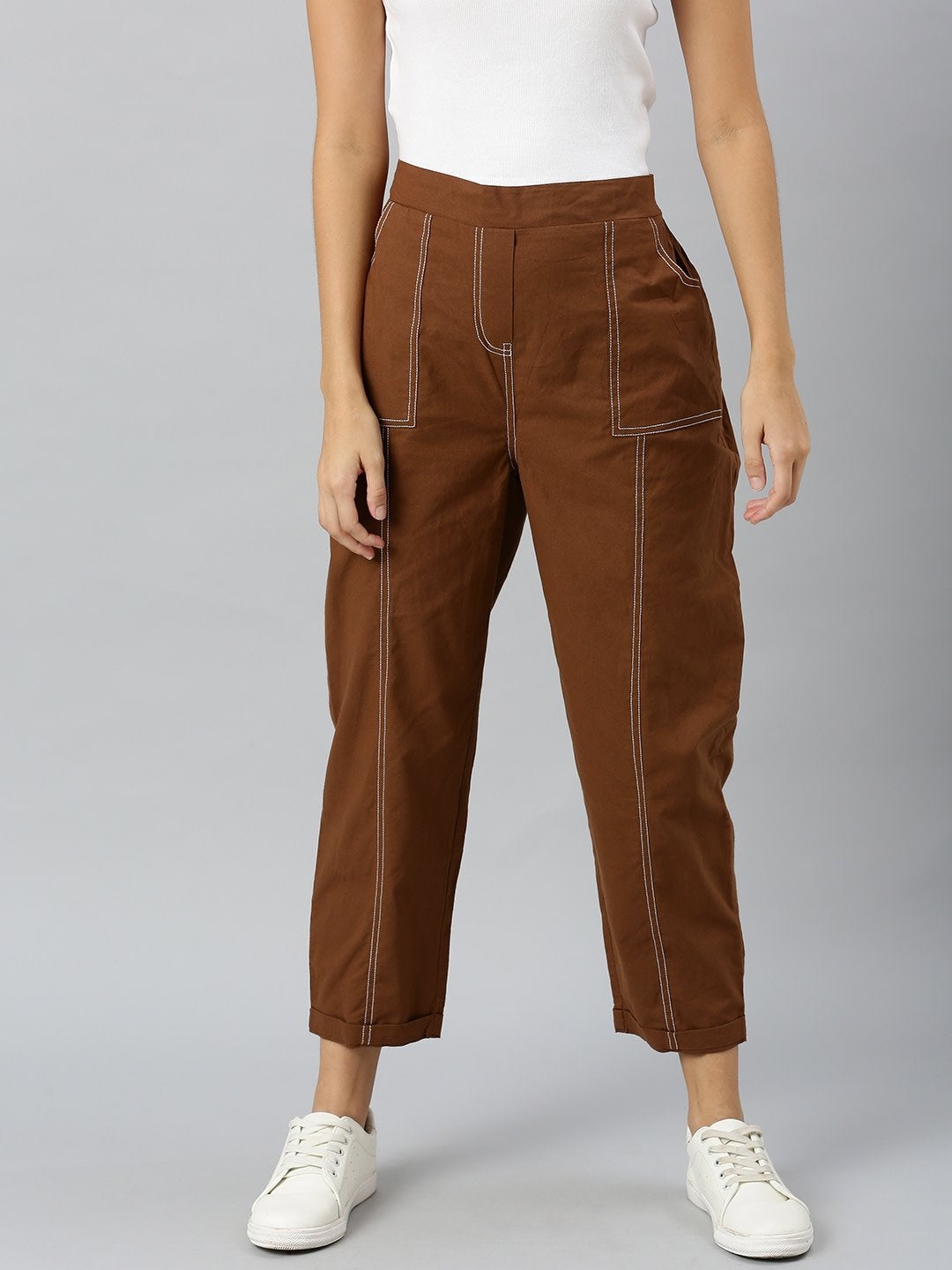 Women's Brown Contrast Seam Roll Up Bottom Pants