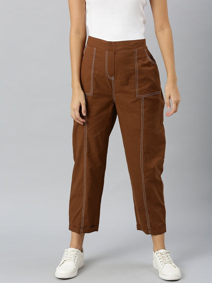 Women's Brown Contrast Seam Roll Up Bottom Pants