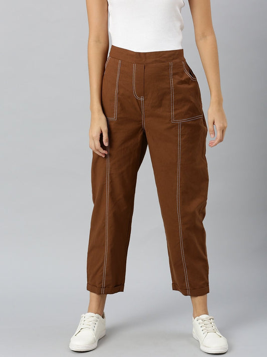 Women's Brown Contrast Seam Roll Up Bottom Pants