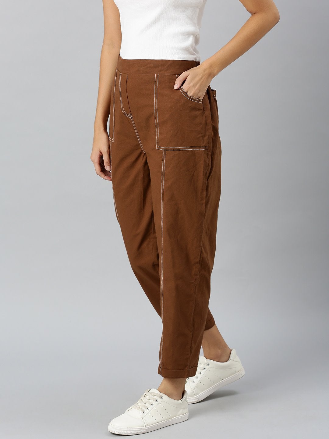 Women's Brown Contrast Seam Roll Up Bottom Pants