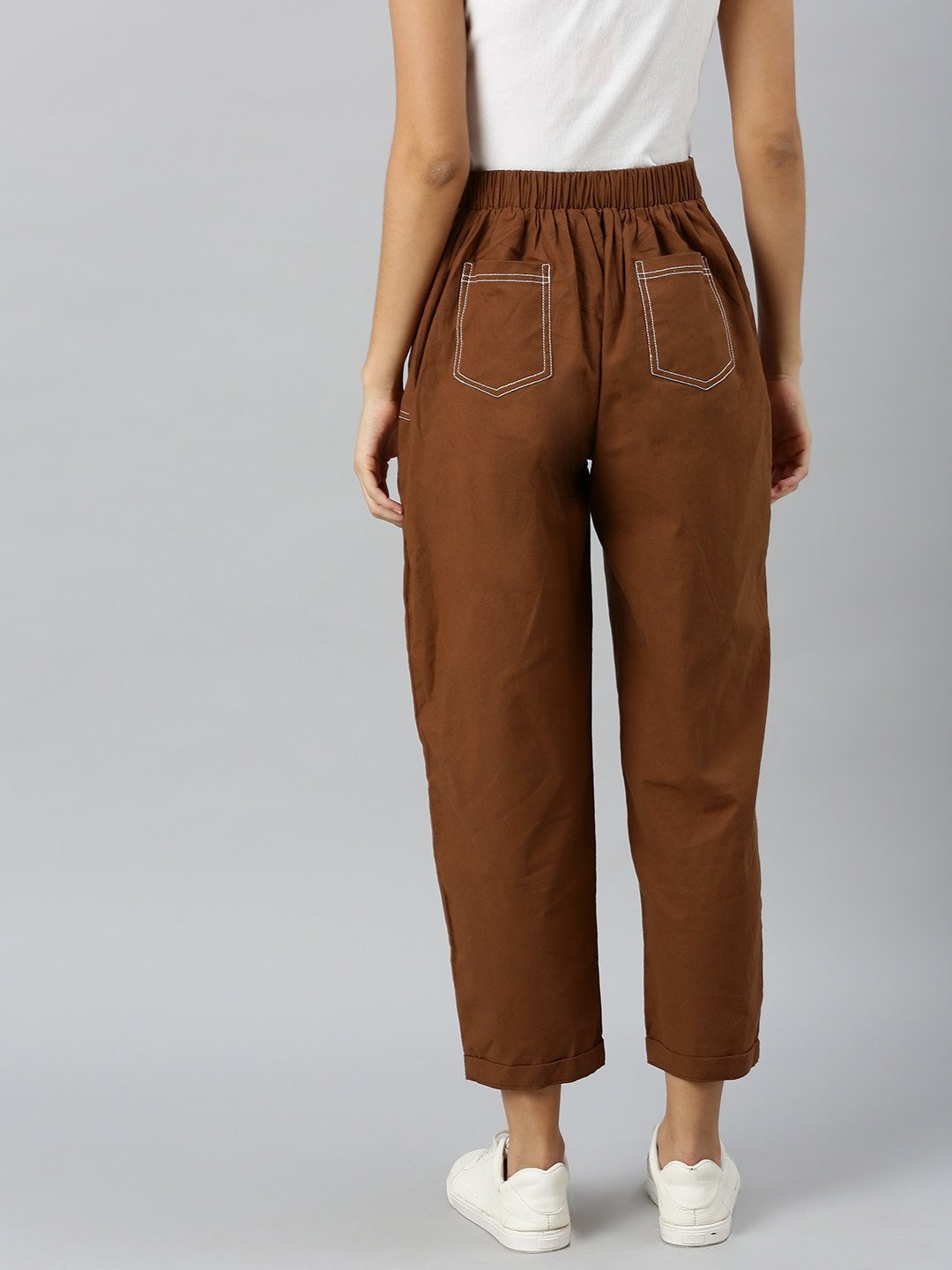 Women's Brown Contrast Seam Roll Up Bottom Pants