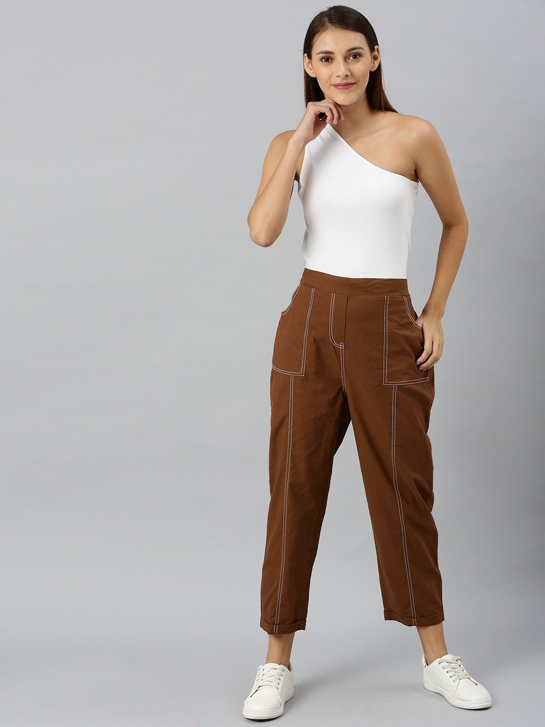 Women's Brown Contrast Seam Roll Up Bottom Pants