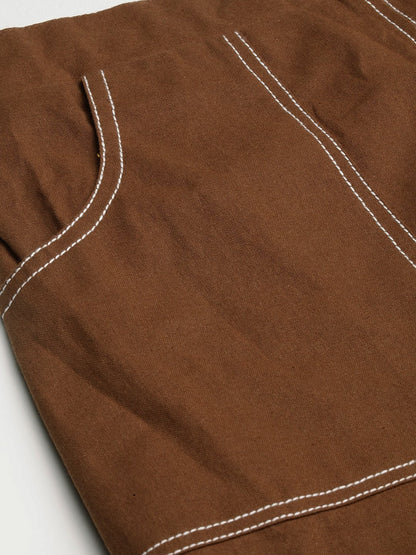 Women's Brown Contrast Seam Roll Up Bottom Pants