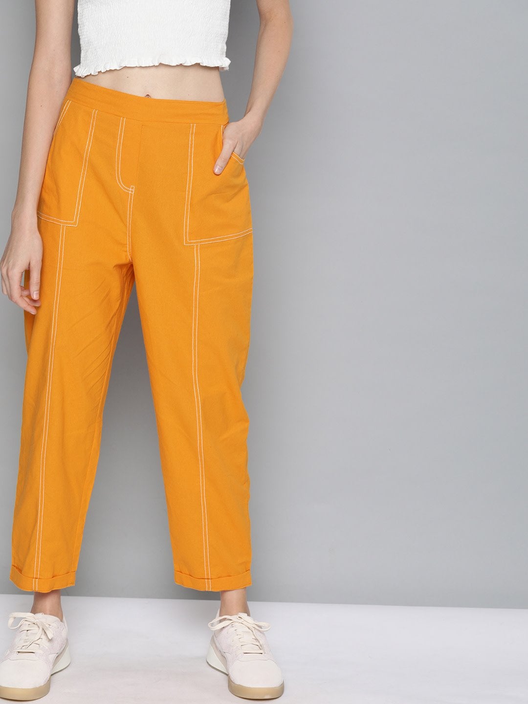 Women's Mustard Contrast Seam Roll Up Bottom Pants