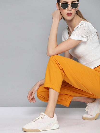 Women's Mustard Contrast Seam Roll Up Bottom Pants