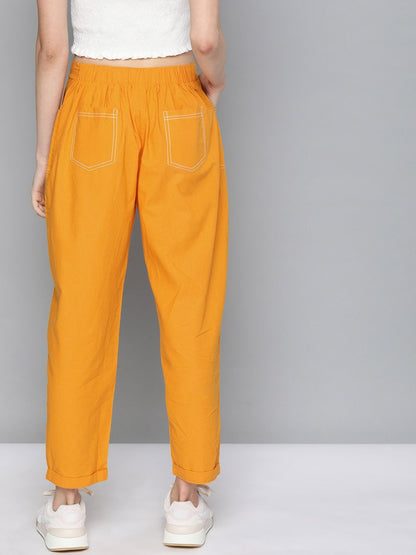 Women's Mustard Contrast Seam Roll Up Bottom Pants