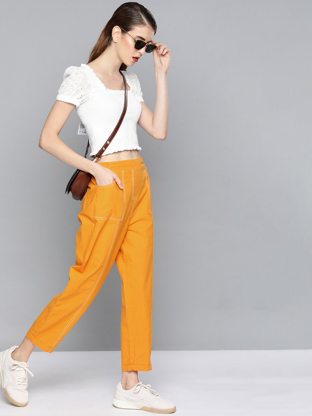 Women's Mustard Contrast Seam Roll Up Bottom Pants