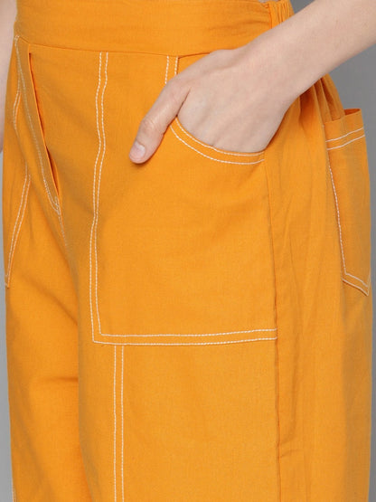 Women's Mustard Contrast Seam Roll Up Bottom Pants