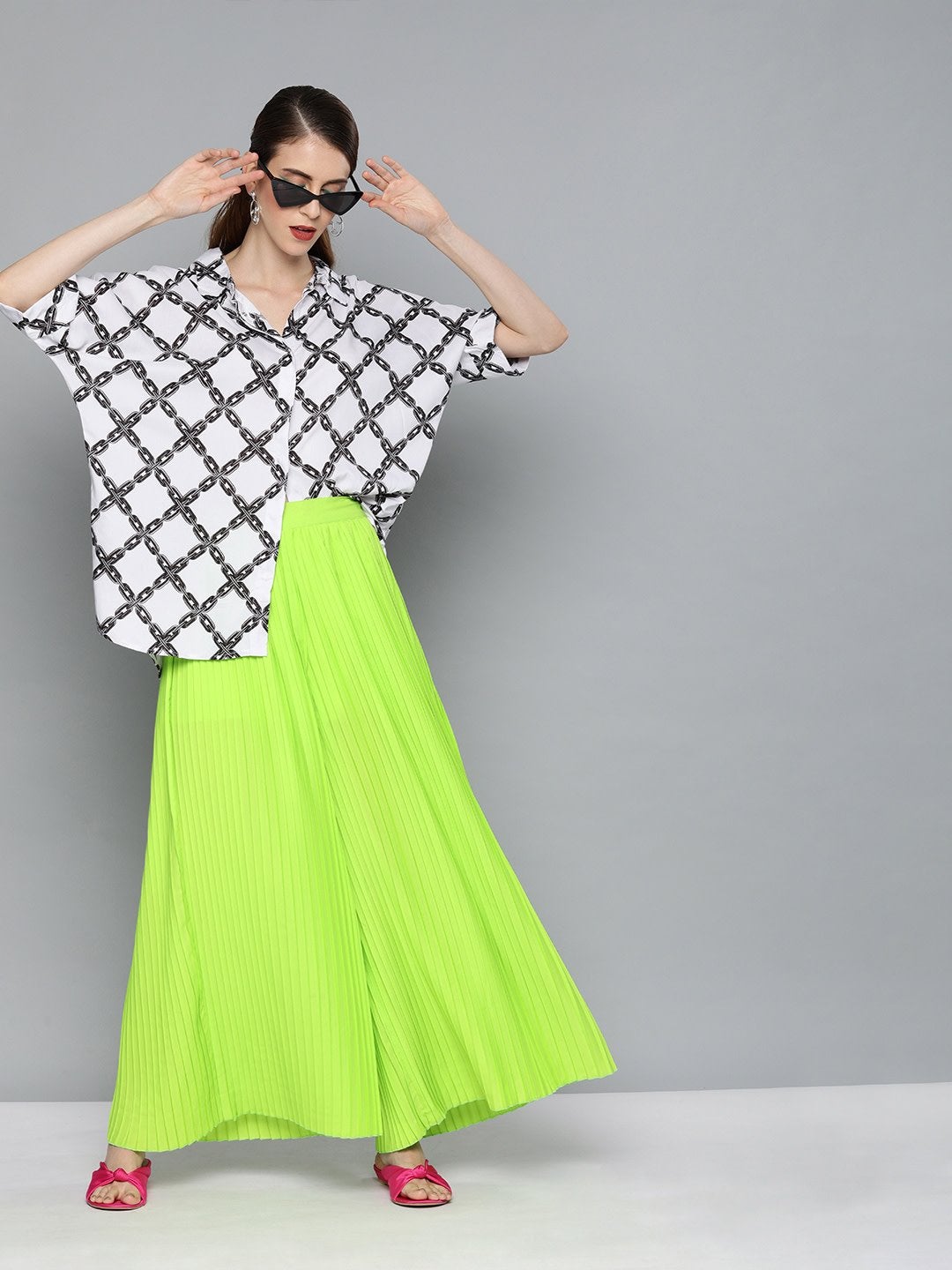 Women's Neon Green Pleated Pant