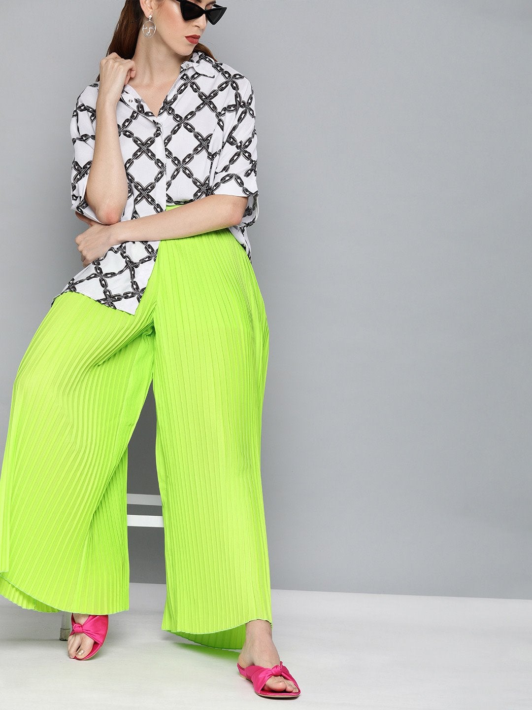 Women's Neon Green Pleated Pant