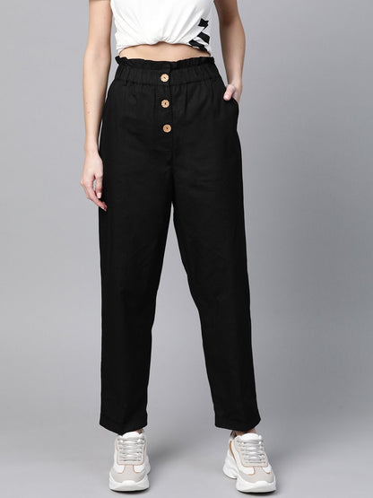 Women's Black Front Button Tapered Pants