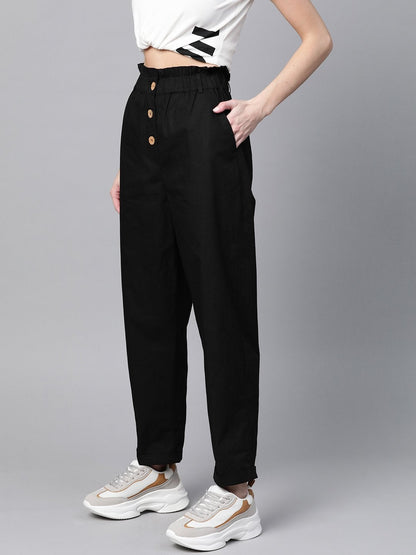 Women's Black Front Button Tapered Pants