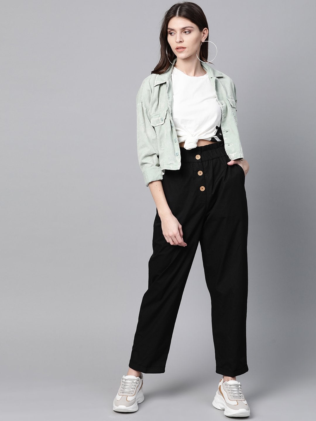 Women's Black Front Button Tapered Pants