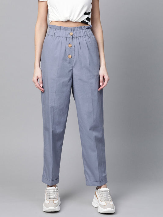 Women's Blue Front Button Tapered Pants