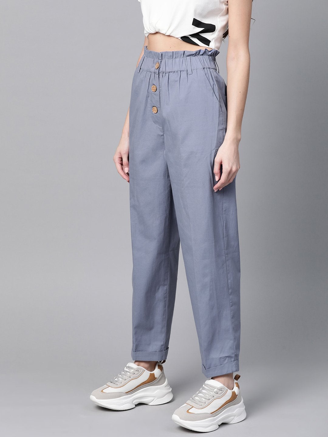 Women's Blue Front Button Tapered Pants