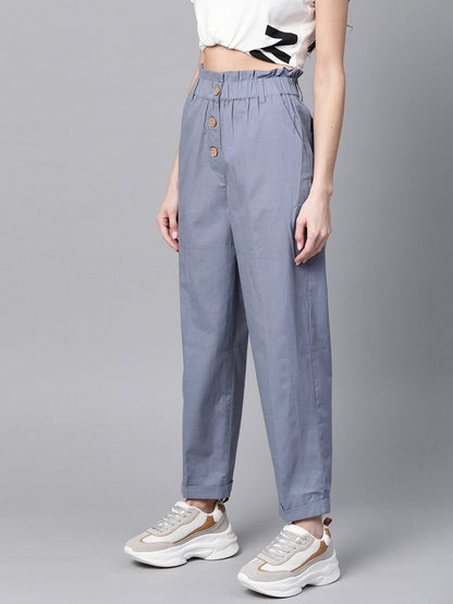 Women's Blue Front Button Tapered Pants