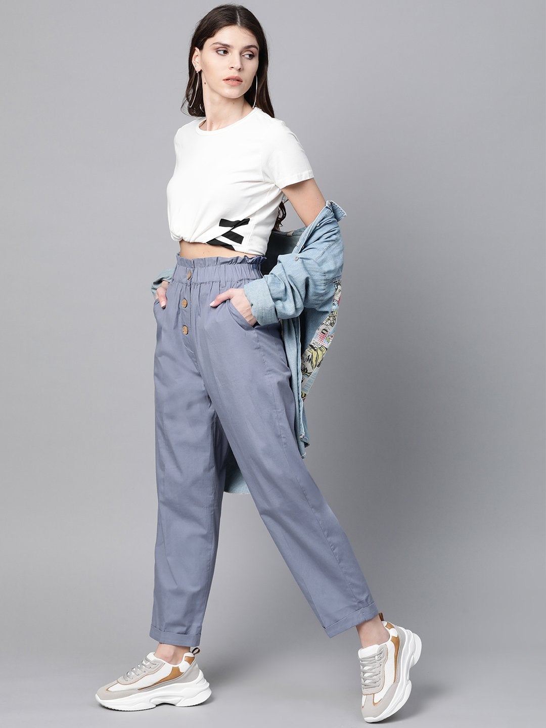 Women's Blue Front Button Tapered Pants