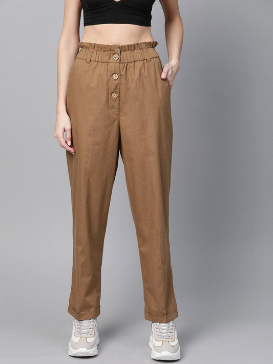 Women's Brown Front Button Tapered Pants