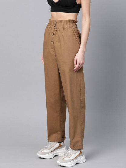 Women's Brown Front Button Tapered Pants
