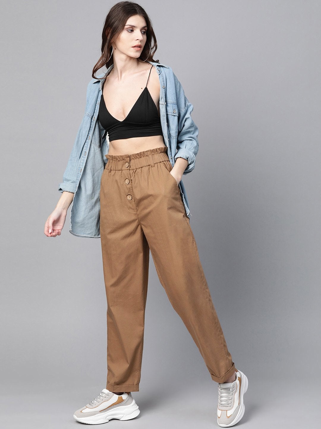 Women's Brown Front Button Tapered Pants